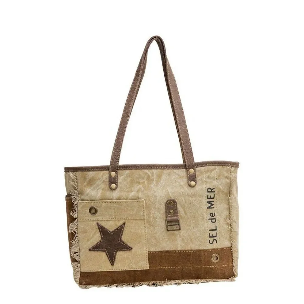 Myra Bag Handmade Spur Tote Bag Upcycled Canvas & Cowhide Leather